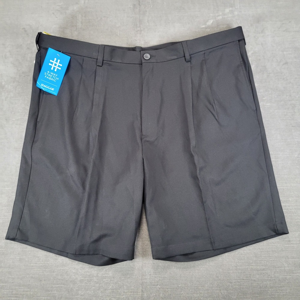 Haggar Cool 18 Pro Pleated Shorts Mens 44 Black Expandable‎ Waist Stretch New